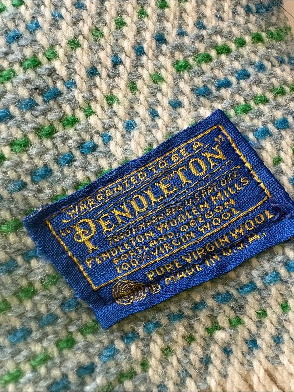 Vintage Pendleton Wool Throw Blanket Blue Green Geometric Plaid 66x55 Fringe USA